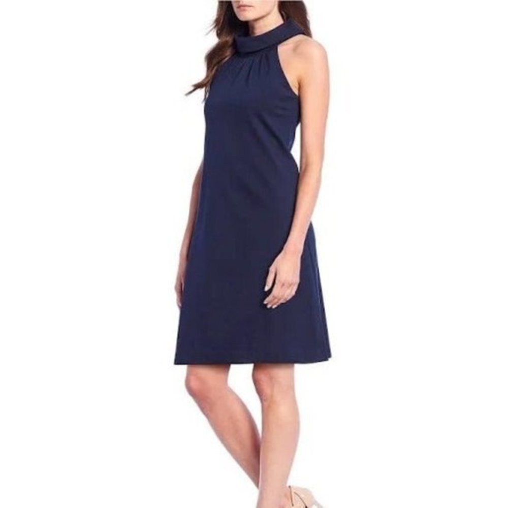 ELIZA J Navy Blue Gold Roll Collar Shift Dress